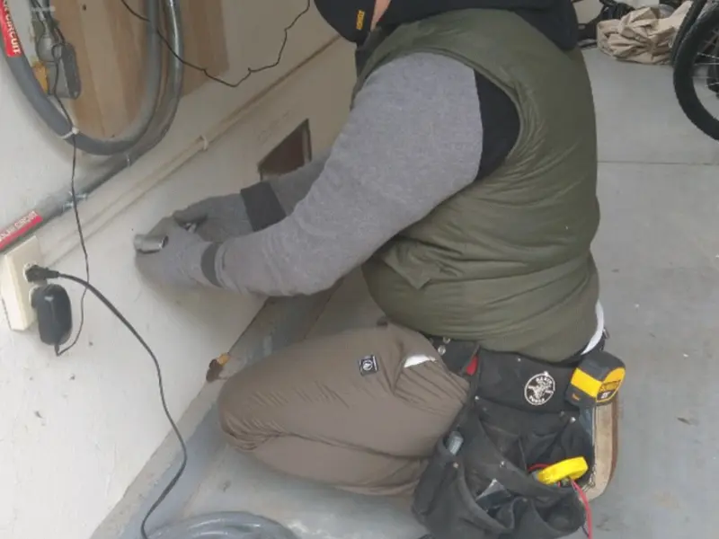 Electrician performing outlet wiring in a Fort Meade garage